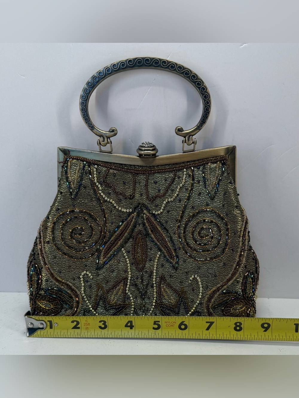 Vintage Fully Beaded Owl Metallic Gold Evening Clutch with Decorative Handle - Picture 8 of 16